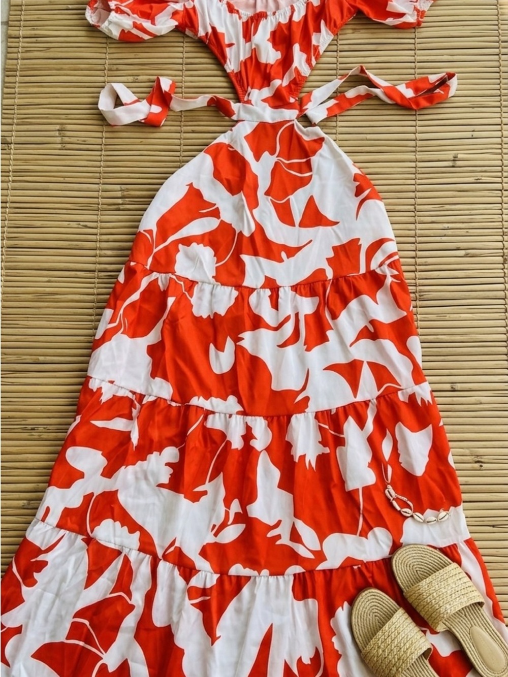 Women's Orange and White Floral Tiered Casual Dress